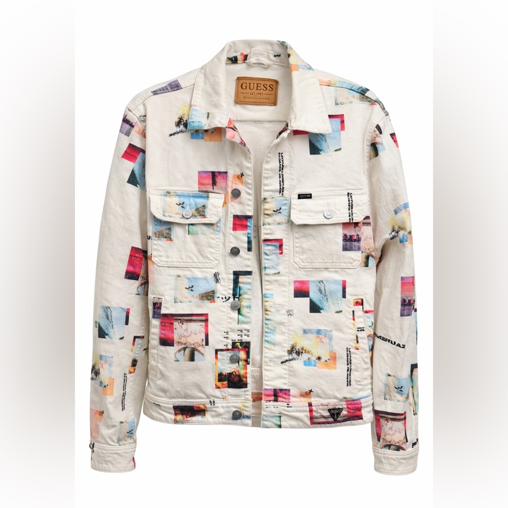 GUESS Collage Print Denin Jacket Men’s Small Cream Graphic trucker Jacket UNISEX